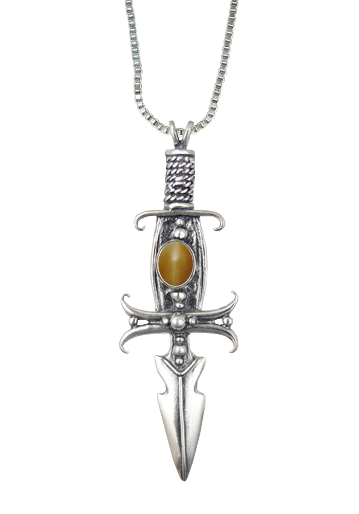 Sterling Silver Deathmaker Knife Dagger Pendant With Honey Tiger Eye